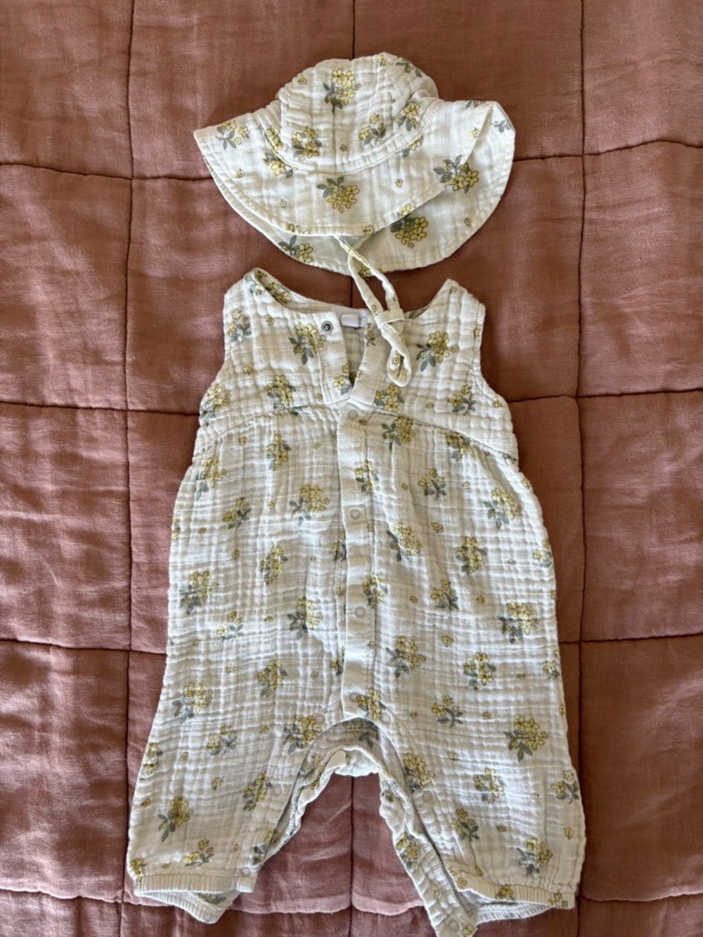 Angel Dear Baby Floral Muslin Romper with Matching Sun Hat - Cream & Yellow